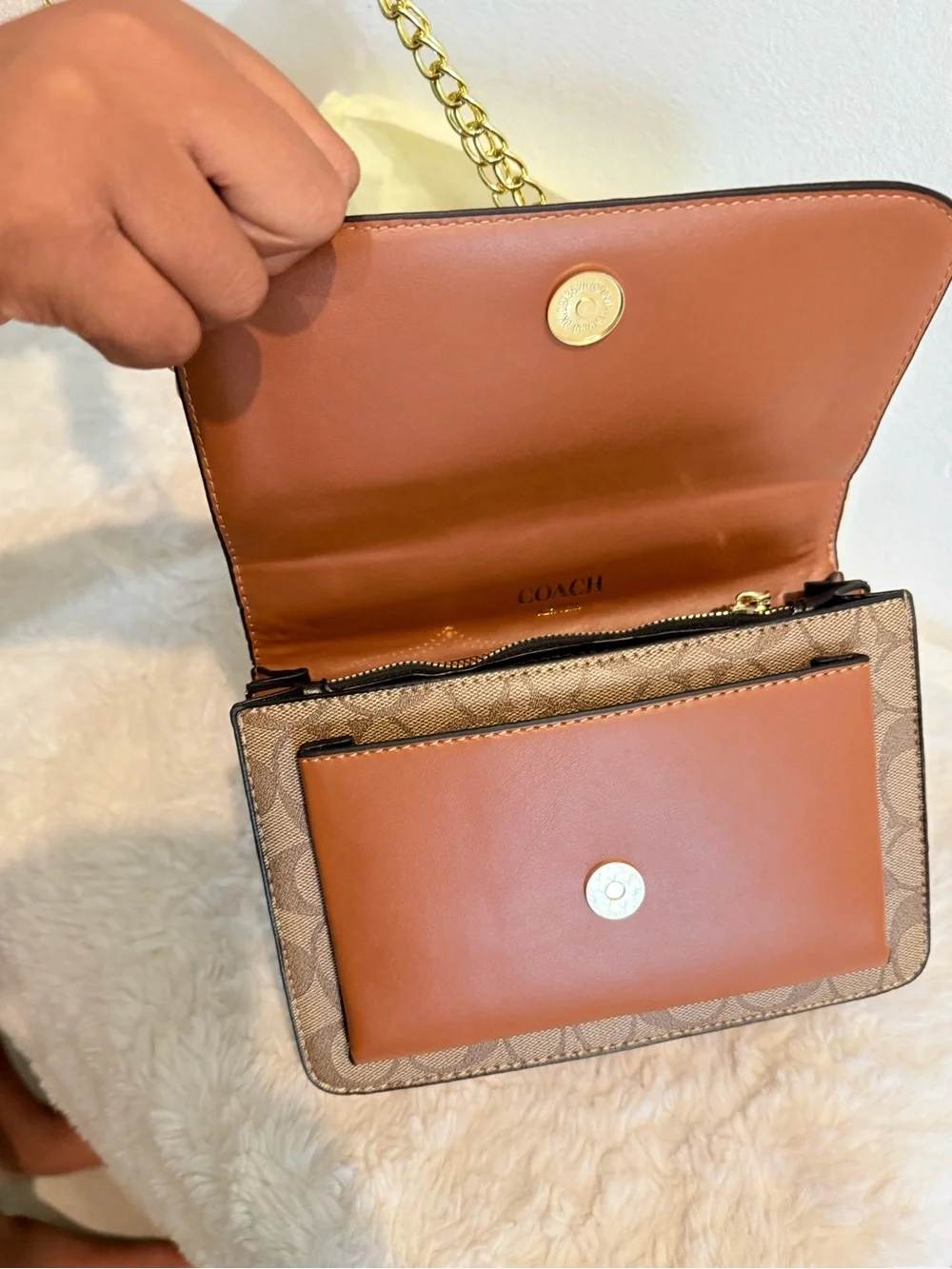 Coach Tan Signature Canvas Crossbody with Gold Chain